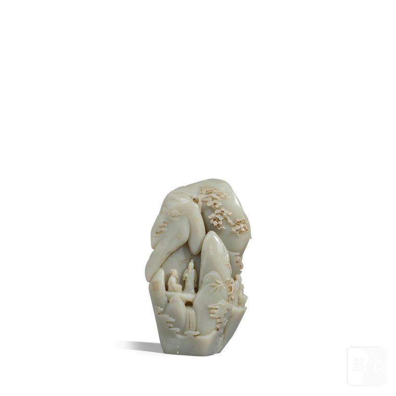 二十世紀 青白玉松澗閑居圖山子 | A PALE CELADON JADE 'MOUNTAIN RETREAT' BOULDER - 图2